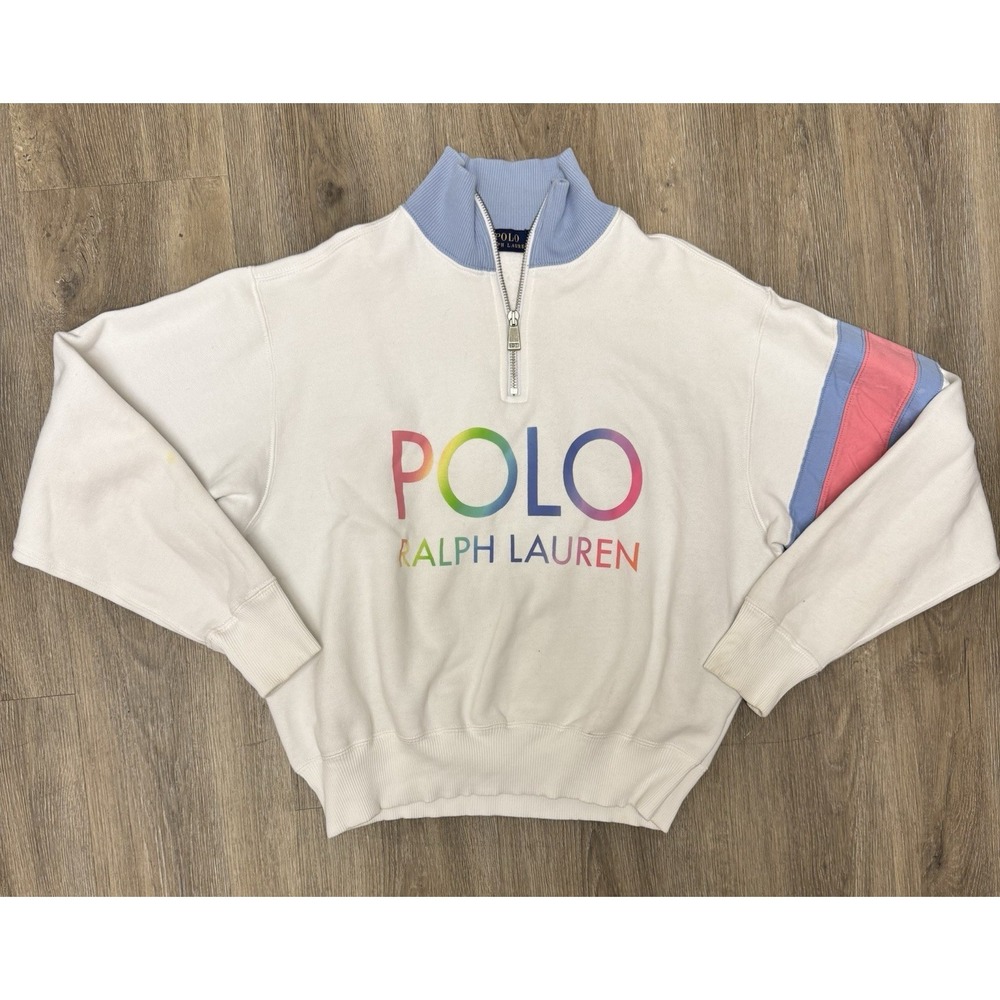 Polo Ralph Lauren Half Zip Sweatshirt M White Multicolor Logo Pullover